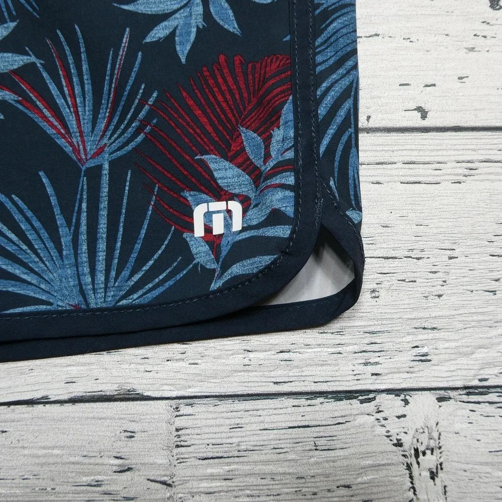 TravisMathew Shorts Boys Large Navy Blue Red Palm Leaf Board Shorts Swim Trunks